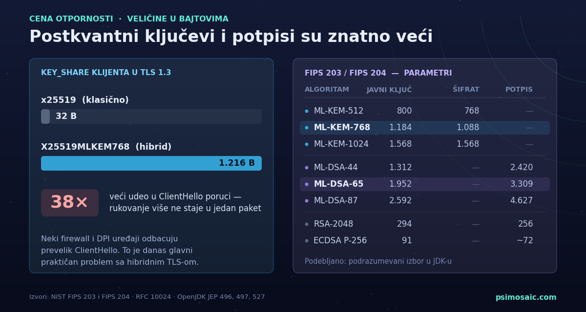 Veličine postkvantnih ključeva, šifrata i potpisa u poređenju sa klasičnim algoritmima.
